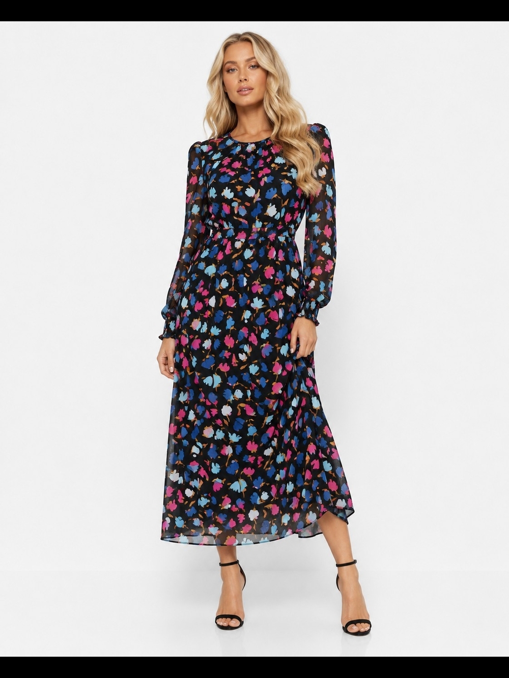 J.Crew Black Floral Long Sleeve Midi Dress Size 4 Like New